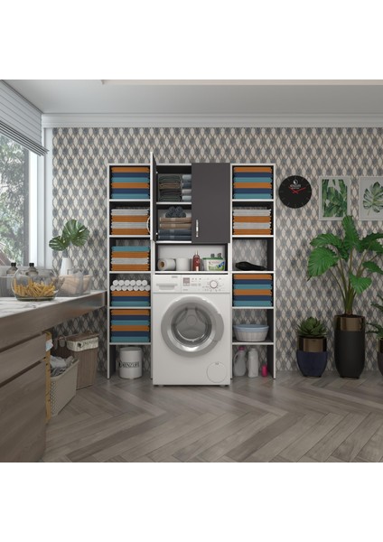 Kenzlife çamaşır makinesi dolabı sinemmaksduble gri 180*126*30 banyo kapaklı arkalıklı raflı