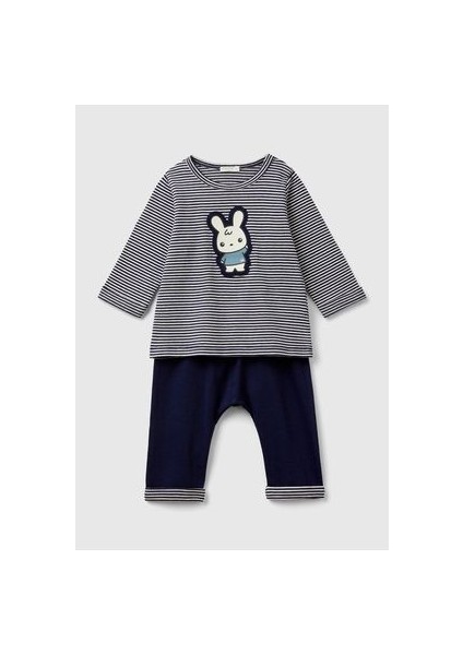 Bebek Lacivert Mix Baskılı Çizgili Üst Elastik Belli Pantolon 2 Parça Takım
