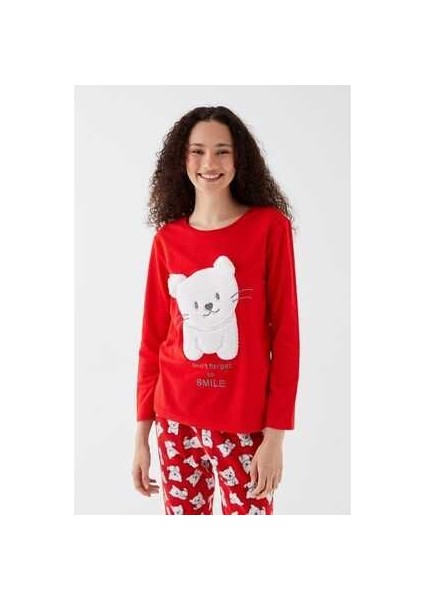 Lcw Young Canlı Kırmızı Baskılı Bisiklet Yaka Nakışlı Uzun Kollu Polar Kadın Pijama Takımı fiyatları
