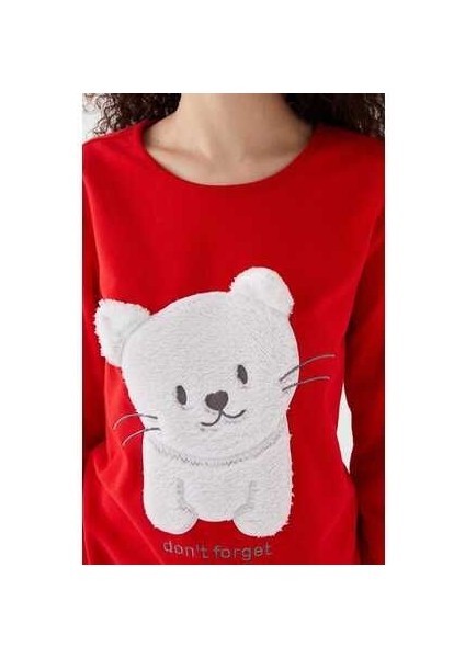 Lcw Young Canlı Kırmızı Baskılı Bisiklet Yaka Nakışlı Uzun Kollu Polar Kadın Pijama Takımı fırsatları
