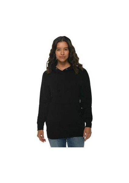 Unisex Siyah Baskısız Kanguru Cepli Kapüşonlu 3 Iplik Şardonlu Sweatshirt Oversize
