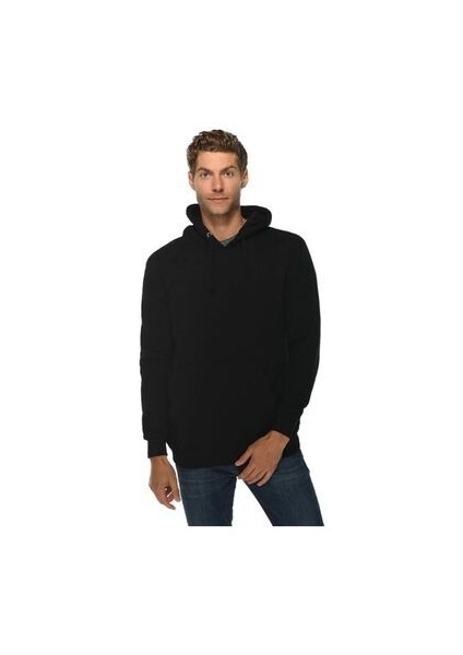 Unisex Siyah Baskısız Kanguru Cepli Kapüşonlu 3 Iplik Şardonlu Sweatshirt Oversize fırsatları