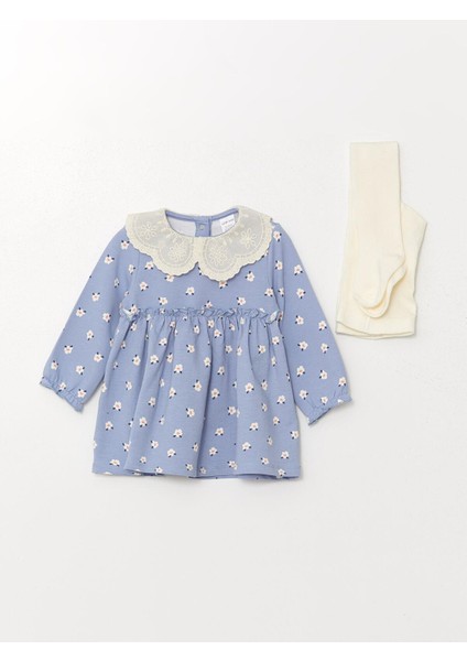 Lcw Baby Baskılı Bebe Yaka Uzun Kollu Çiçekli Kız Bebek Elbise ve Külotlu Çorap 2'li Takım
