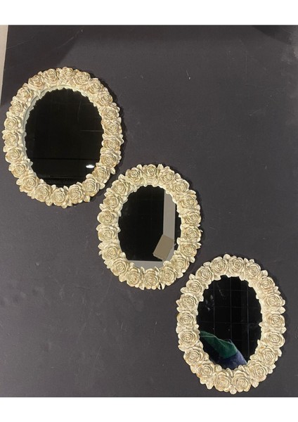 Tekno Trust Dekoratif Polyester Üçlü Otantik Çiçek Desenli Ayna Takımı Krem Gold Eskitme
