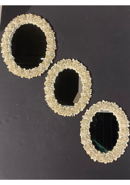 Tekno Trust Dekoratif Polyester Üçlü Otantik Çiçek Desenli Ayna Takımı Krem Gold Eskitme