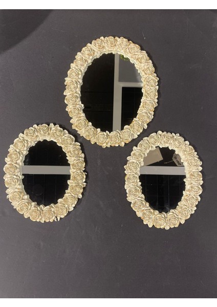 Tekno Trust Dekoratif Polyester Üçlü Otantik Çiçek Desenli Ayna Takımı Krem Gold Eskitme