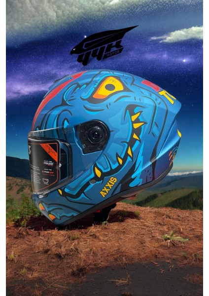 Draken Dınotoon C7 Matt Blue. ''2 Vizörlü'' + ''sticker'' Mat Motosiklet Kapalı Kask