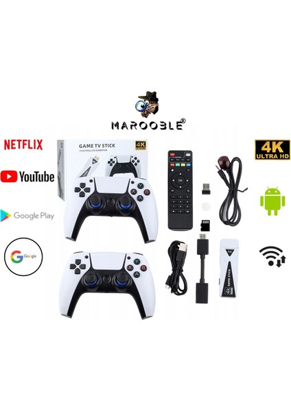 4K Game Tv Stick Android Tv Wifi Kablosuz Çift Kol Game Stick 64GB Hafıza Atari