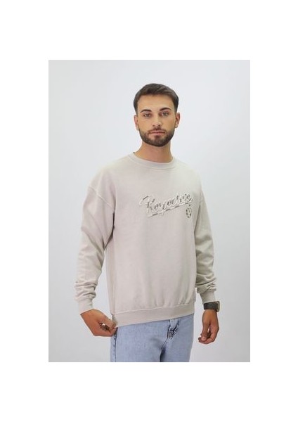 Eskitme Desenli Unisex Sıfır Yaka Sweatshirt