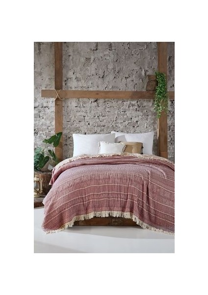 Etno Müslin Jakarlı Dokuma Yatak Örtüsü (Pike) Çift Kişilik 240 x 260 cm Bordo