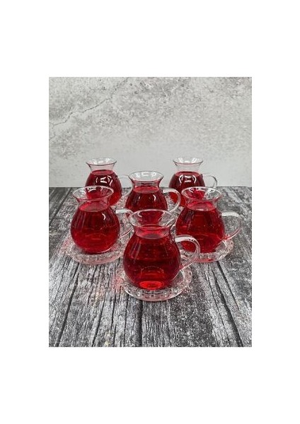6 Kişilik Keyfi Ala Borosilikat Cam Kulplu Çay Bardağı 220ML