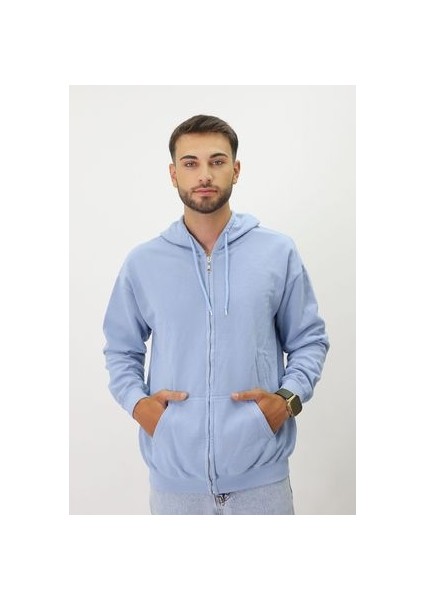 Eskitme Desenli Unisex Fermuarlı Kapüşonlu Sweatshirt