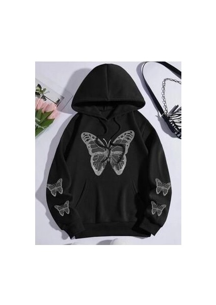 Unisex Kelebek Baskılı 3 Iplik Şardonlu Oversize Kapüşonlu Sweatshirt