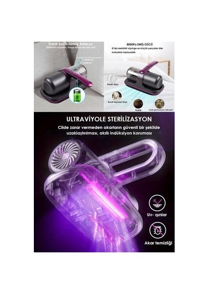 El Süpürgesi Elektrikli Süpürge Elektrikli El Süpürgesi 8kpa Çarşaf Yastık Şarjlı Uv-C Işınlı 100W fiyatları