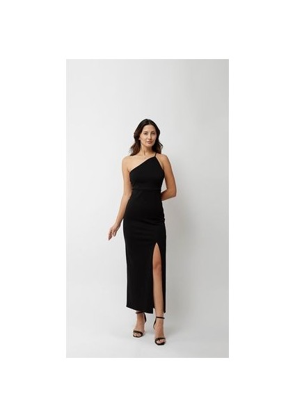 240824-TEK Omuz,ip Askılı ,diz Üstü Yırtmaçlı,uzun Elbise