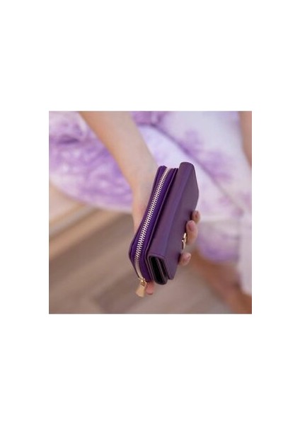 Kedili Mor Cüzdan Kadınlar İçin Suni Deri Yatay Küçük Boy Minimalist Tasarım