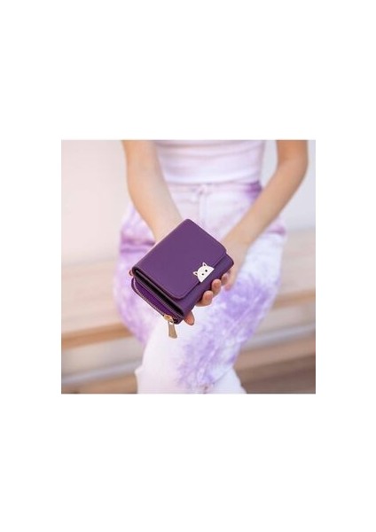 Kedili Mor Cüzdan Kadınlar İçin Suni Deri Yatay Küçük Boy Minimalist Tasarım modelleri