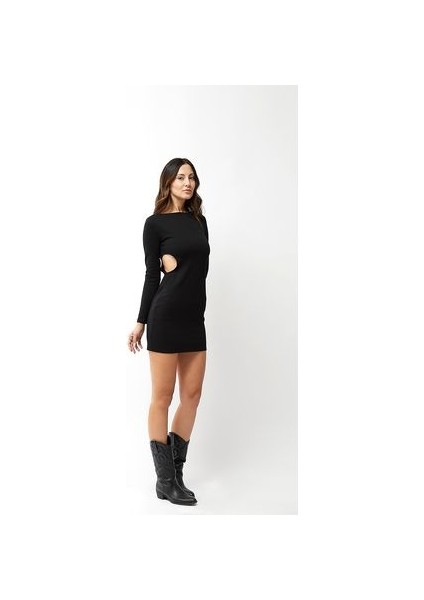 240827S-UZUN Kollu,belı Pencereli ,mini Elbise fırsatları