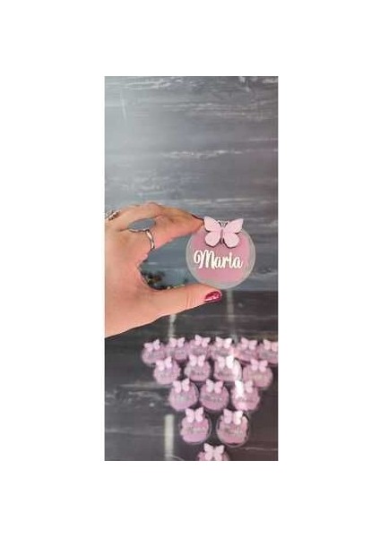 Pleksi Pembe Kelebek Gümüş Yazılı Magnet 20 Adet