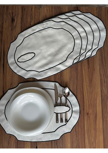 6 Adet Siyah Renk Nakışlı Kaşıklıklı Oval Amerikan Servis Supla