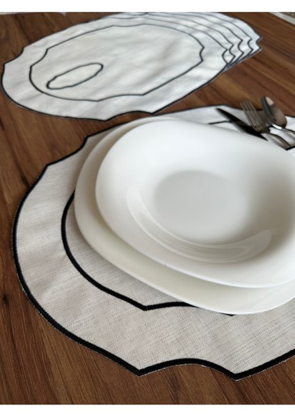 6 Adet Siyah Renk Nakışlı Kaşıklıklı Oval Amerikan Servis Supla fiyatları