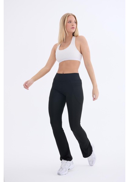 Kadın Siyah Yüksek Bel Toparlayıcı Çift Cepli Ispanyol Paça Tayt Bootcut