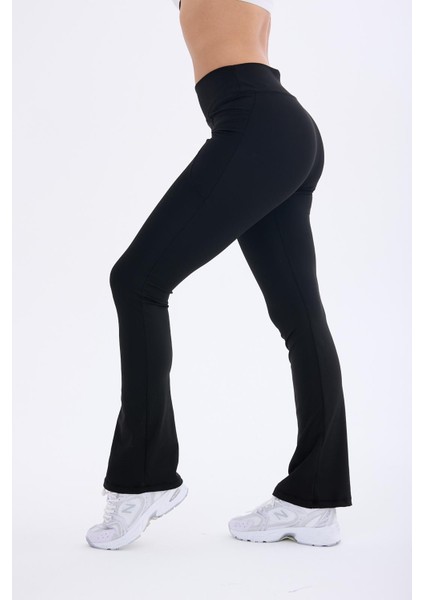 Kadın Siyah Yüksek Bel Toparlayıcı Çift Cepli Ispanyol Paça Tayt Bootcut fiyatları