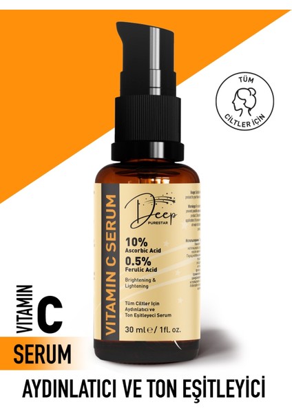 C Vitamini Aydınlatıcı ve Ton Eşitleyici Cilt Bakım Serumu %10 Ascorbic Acid & Ferulic Acid %0,5