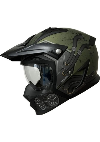 Hunter C6 Matt Green Çift Vizörlü Motosiklet Kaskı Çıkarılabilen Fonksiyonel Çene