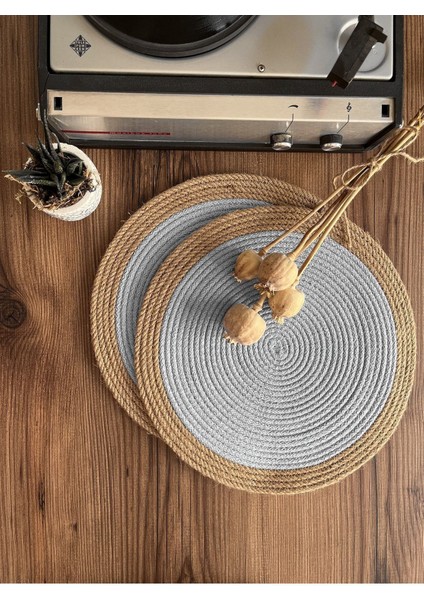 Karnaval Bordürlü Gri Jüt Amerikan Servis 4'lü Örme Hasır Supla