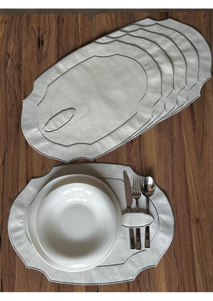 6 Adet Gümüş Renk Nakışlı Kaşıklıklı Oval Amerikan Servis Supla