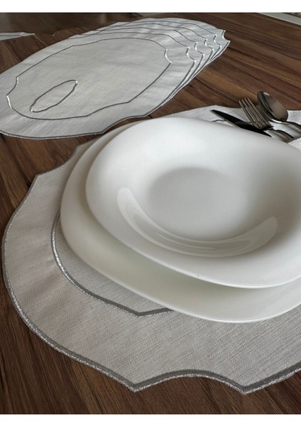 6 Adet Gümüş Renk Nakışlı Kaşıklıklı Oval Amerikan Servis Supla fiyatları