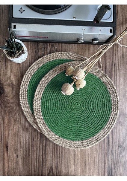 Karnaval Bordürlü Çimen Yeşili Jüt Amerikan Servis 4'lü Örme Hasır Supla