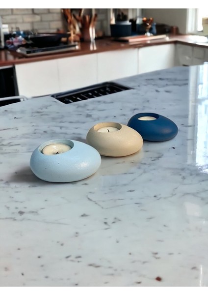 Minimal Dekoratif Beton Tealight Mumluk 3'lü Set | Baby Blue-Alaçatı-Mavi |