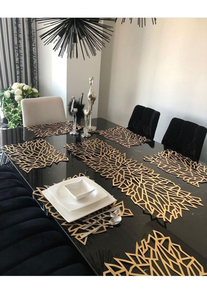 Suni Deri Runner ve 8 Li Amerikan Servis Seti Yaprak Desen Gold Renk