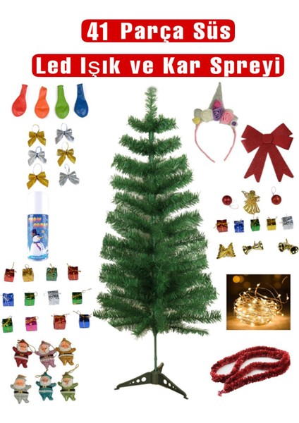 ÖZKISMET Yılbaşı Çam Ağacı Seti 120 cm Ağaç + 41 Parça Süs +RENKLİ LED Işik + Kar Spreyi̇ +Tepelik Simli Büyük FİYONK + UNİCORN SÜSLÜ ÇOCUK TACI