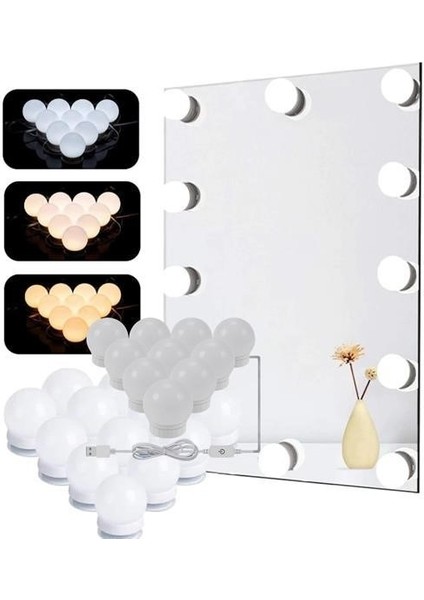 BUFFER® Nostalji Hollywood Tarzı 10lu Makyaj Masası Aynası Beyaz Led Işıklı Lamba USB