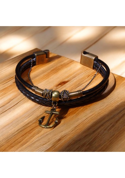 Antik Sarı Metal Çapa Sembollü Siyah Deri Erkek Bileklik - Metal Mıknatıs Kapamalı, 3 Beden Seçeneği fiyatları