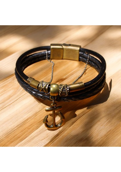 Antik Sarı Metal Çapa Sembollü Siyah Deri Erkek Bileklik - Metal Mıknatıs Kapamalı, 3 Beden Seçeneği modelleri