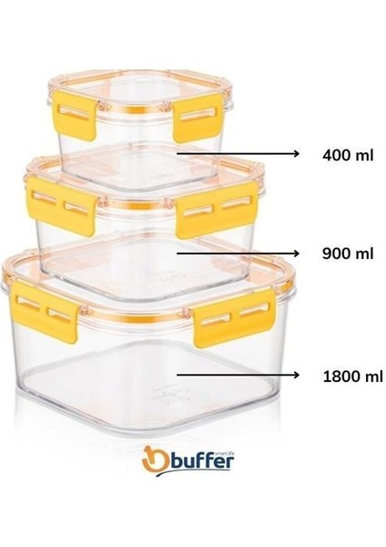 Buffer® 3'lü Pratik Silikon Contalı Sızdırmaz Kapaklı Sağlam Istiflenebilir Saklama Kapları