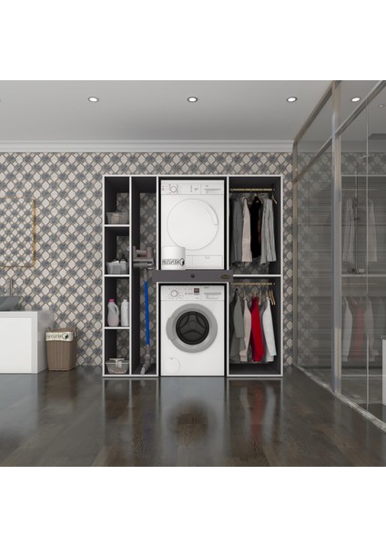 Kenzlife çamaşır-kurutma makinesi dolabı ve giysi dolabı çekmeceli hattab sol raf gri 187*160*60 banyo