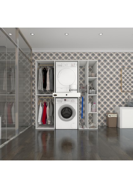 Kenzlife çamaşır-kurutma makinesi dolabı ve giysi dolabı çekmeceli hattabmdf sağ raf byz 187*160*60 % 100 FULL MDF