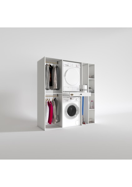 Kenzlife çamaşır-kurutma makinesi dolabı ve giysi dolabı çekmeceli hattabmdf sağ raf byz 187*160*60 % 100 FULL MDF