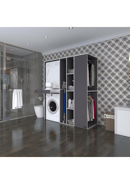 Kenzlife çamaşır-kurutma makinesi dolabı ve giysi dolabı çekmeceli attar sağ gri 187*160*60 banyo