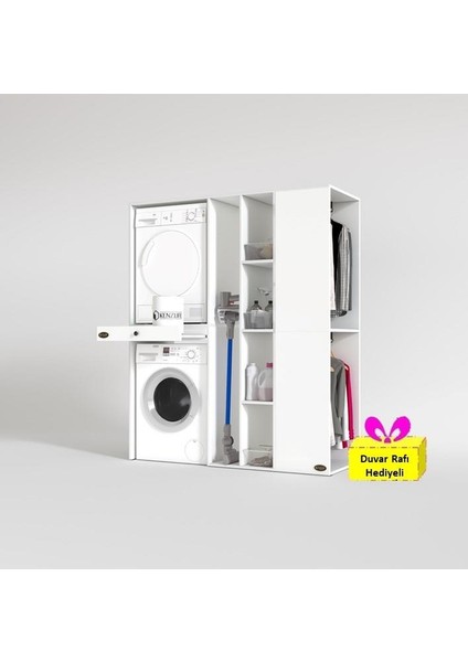 Kenzlife çamaşır-kurutma makinesi dolabı ve giysi dolabı çekmeceli attar sağ byz 187*160*60 + tekli duvar rafı hediye