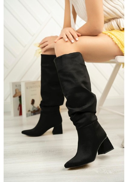 Siyah Süet Körüklü Kalın Topuklu Günlük Bayan Çizme modelleri