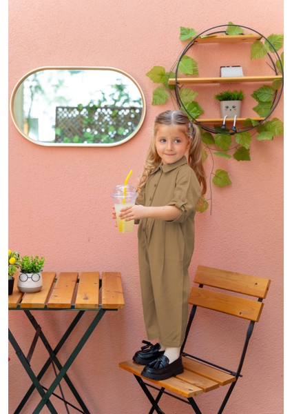 Yakalı Pileli Tencel Tulum 2-7 Yaş Camel