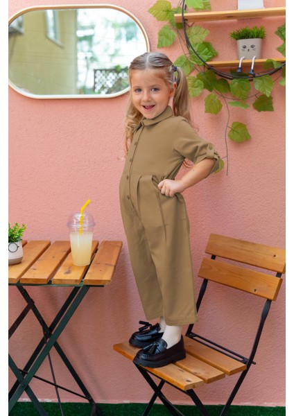 Yakalı Pileli Tencel Tulum 2-7 Yaş Camel fiyatları