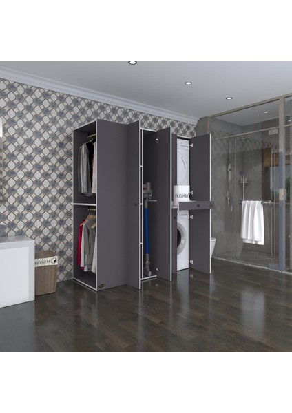 Kenzlife çamaşır-kurutma makinesi dolabı ve giysi dolabı çekmeceli eşari sol gri 187*160*60 banyo