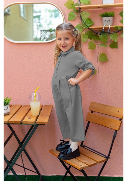 Yakalı Pileli Tencel Tulum 2-7 Yaş Gri